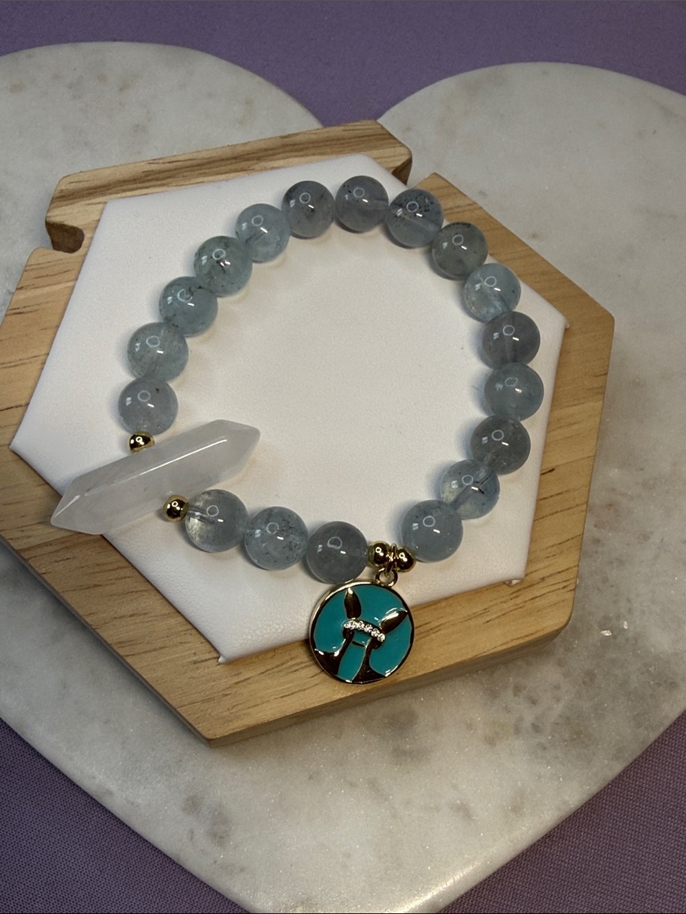 Aquamarine Pisces zodiac  Beaded Stretch Bracelet with Clear Quartz point
